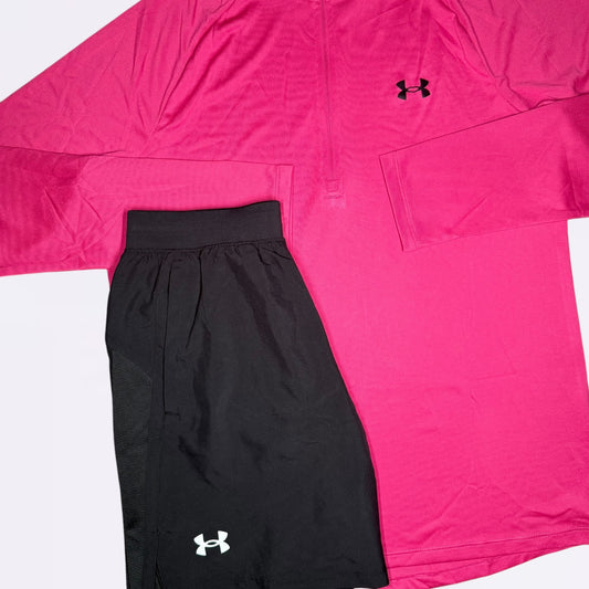 Under Armour Tech / Speed Stride Set - Half Zip & Shorts - Pink / Black