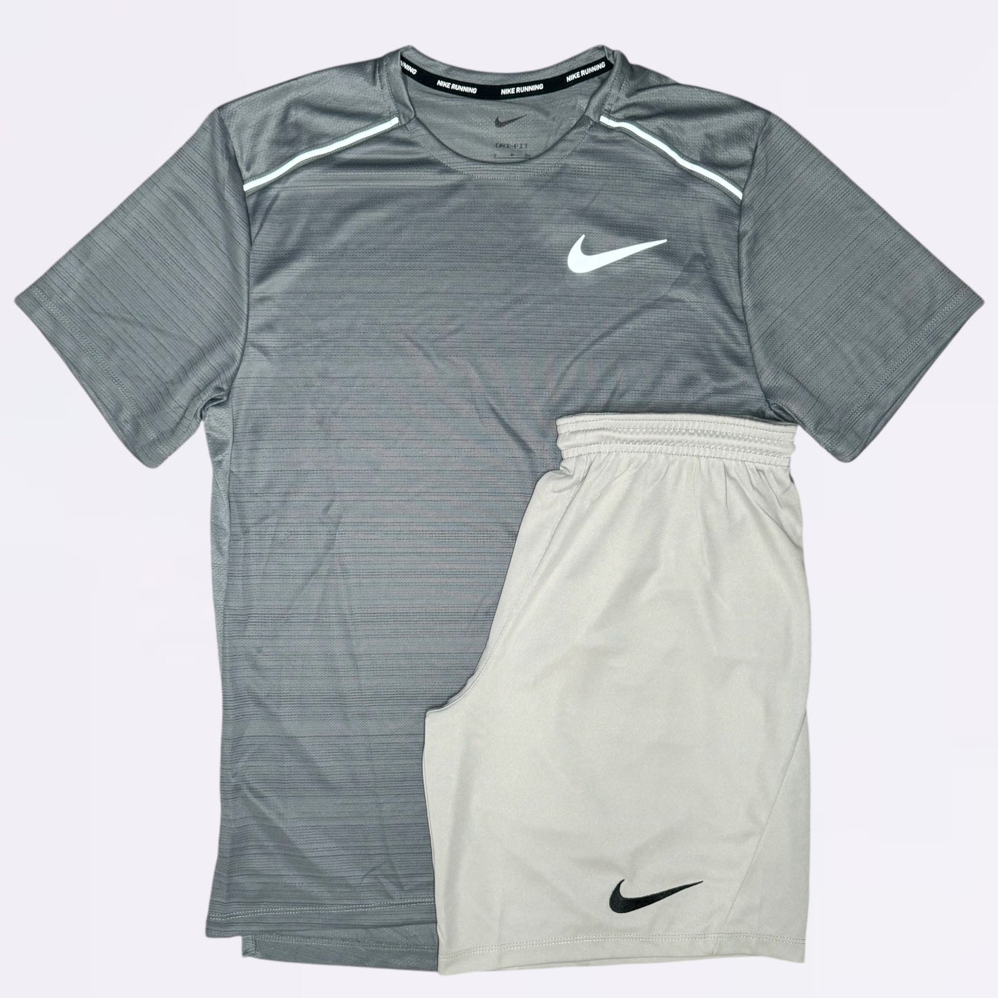 Nike Miler & Dri Fit Set - Tee & Shorts - Stone Grey / Grey