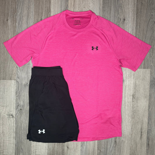 Under Armour Tech / Speed Stride - Tee & Shorts - Pink / Black