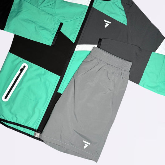 GRIID Reflect Windrunner & Shorts Set - Grey / Green (Junior)