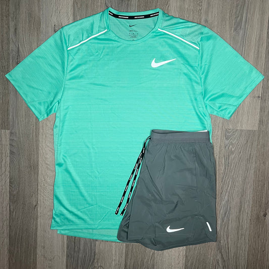 Nike Miler & Flex Stride Set - Tee & Shorts - Light Menta / Smoke Grey
