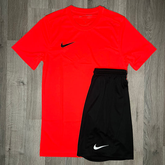 Nike Dri Fit Set - Tee & Shorts - Crimson Red / Black