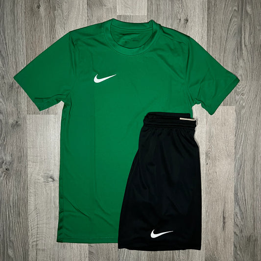 Nike Dri Fit Set - Tee & Shorts - Dark Green / Black (Junior)