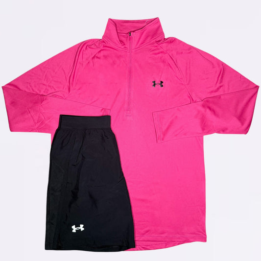 Under Armour Tech / Speed Stride Set - Half Zip & Shorts - Pink / Black