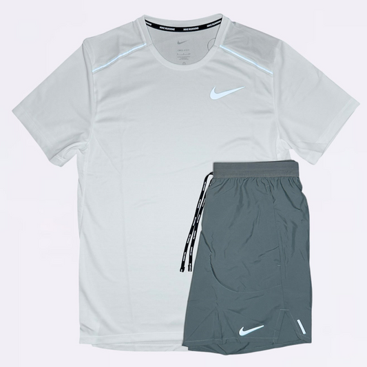 Nike Miler & Flex Stride Set - Tee & Shorts - White / Grey