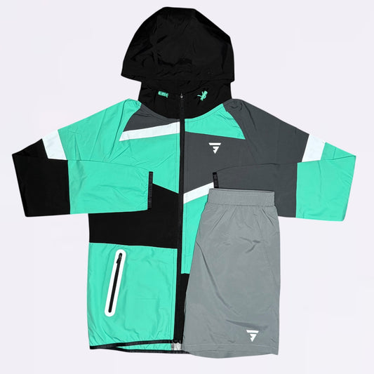 GRIID Reflect Windrunner & Shorts Set - Grey / Green (Junior)