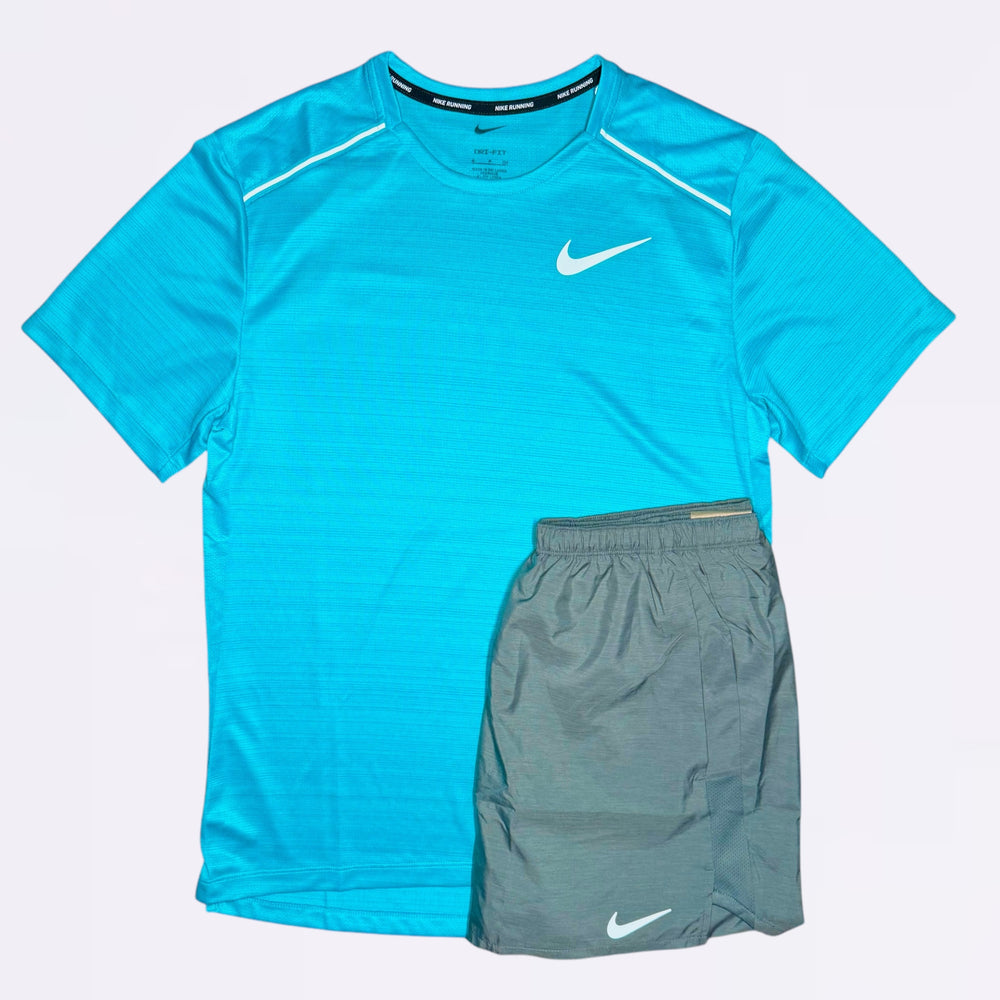 Nike Miler & Challenger Set - Tee & Shorts - Cactus Blue / Grey