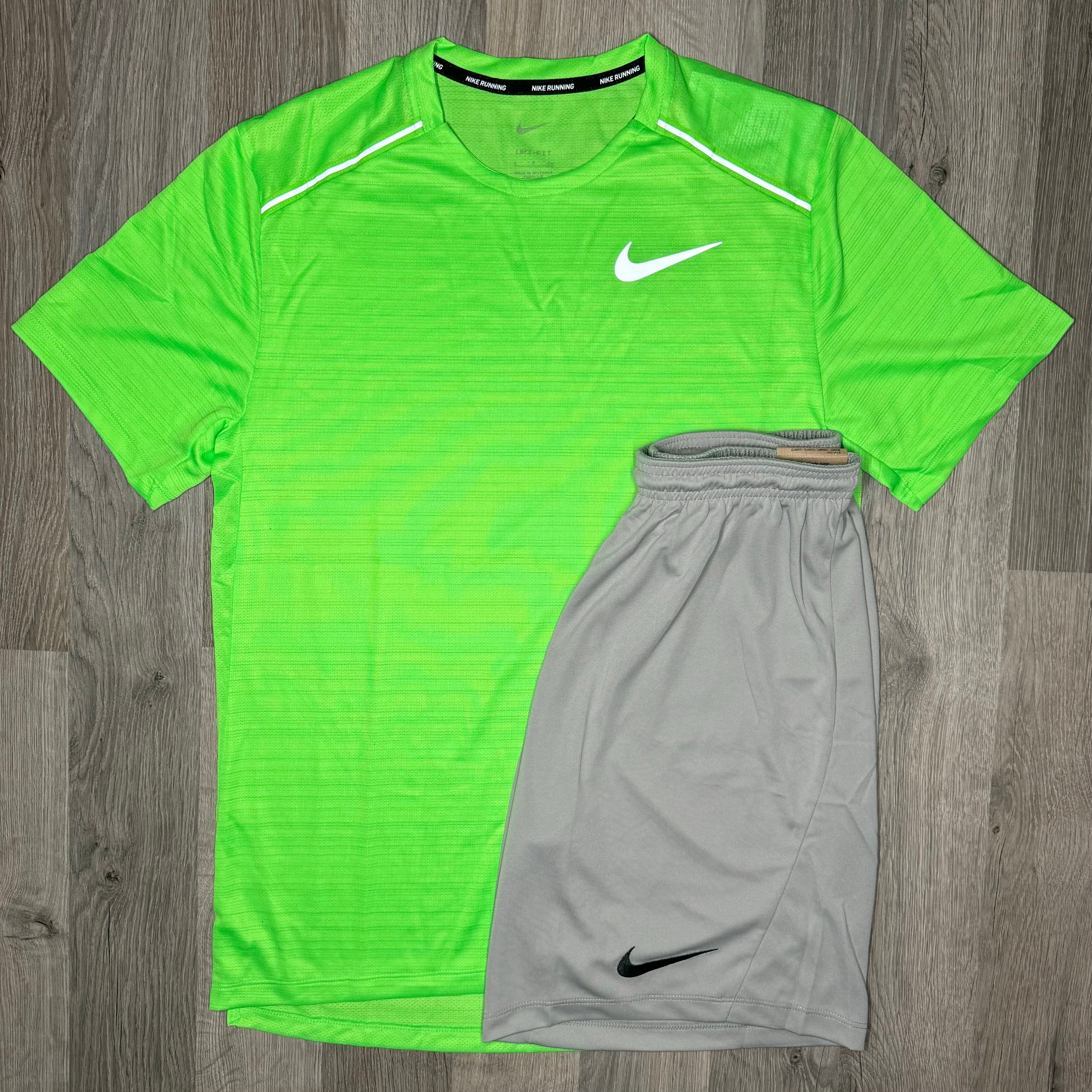 Nike Miler Dri Fit Set Tee Shorts Green Strike Grey RESTOCK3D