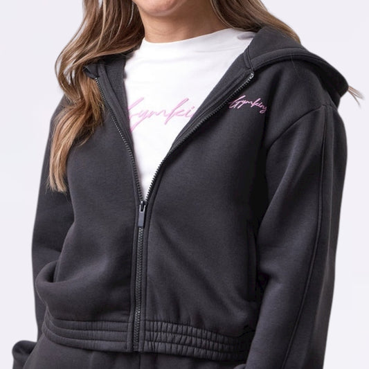 Gym King  Script Full Zip Crop Hood (Girls)- Dark Pewter