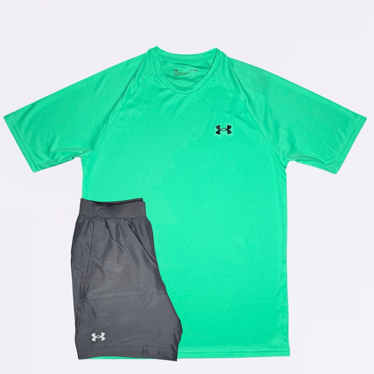 Under Armour Tech / Speed Stride Set - Tee & Shorts - Green / Grey