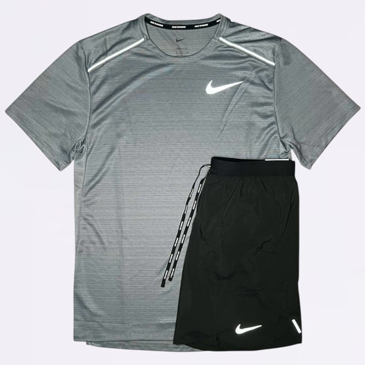 Nike Miler & Flex Stride 2.0 Set - Tee & Shorts - Stone Grey / Black