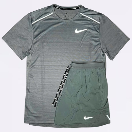 Nike Miler & Flex Stride 2.0 Set - Tee & Shorts - Stone Grey / Smoke Grey